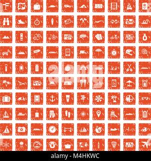 100 travel icons set grunge orange Stock Vector