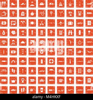 100 travel time icons set grunge orange Stock Vector