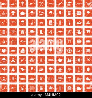 100 tree icons set grunge orange Stock Vector