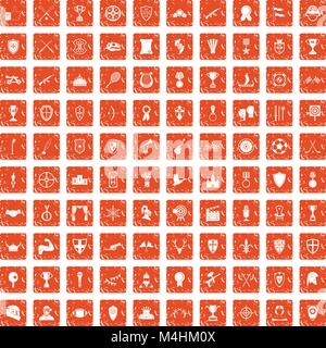 100 trophy and awards icons set grunge orange Stock Vector