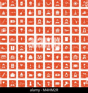 100 birthday icons set grunge orange Stock Vector