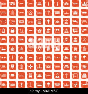100 urban icons set grunge orange Stock Vector