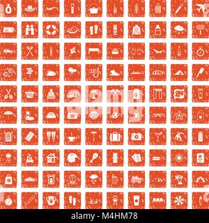 100 vacation icons set grunge orange Stock Vector