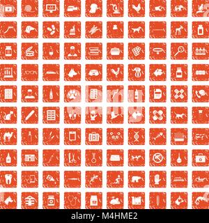 100 veterinary icons set grunge orange Stock Vector