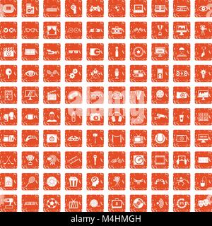 100 video icons set grunge orange Stock Vector