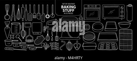 Set of isolated baking stuff in 55 pieces. Cute hand drawn kitchen tools vector illustration only white outline on black background. Stock Vector