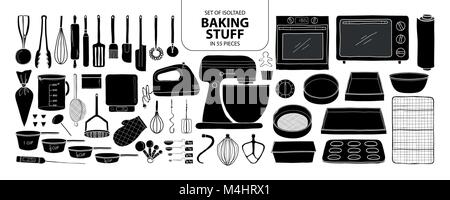 Set of isolated baking stuff in 55 pieces. Cute hand drawn kitchen tools vector illustration in black plane and white outline on white background. Stock Vector