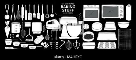 Set of isolated baking stuff in 55 pieces. Cute hand drawn kitchen tools vector illustration in white plane without outline on black background. Stock Vector