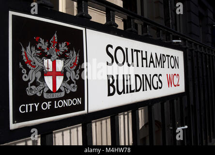 street name sign for southampton buildings, with a city of london coat of arms, london, england Stock Photo