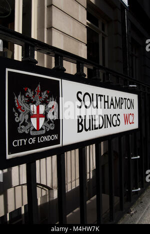 street name sign for southampton buildings, with a city of london coat of arms, london, england Stock Photo