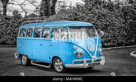 Fully restored blue Volkswagen Split Screen camper van brought back to life to provide unique wedding transport in Scotland. Stock Photo