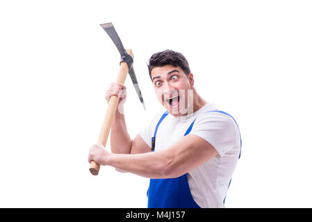 Man with a digging axe hoe on white background isolated Stock Photo