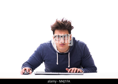 Funny nerd man working on computer isolated on white Stock Photo