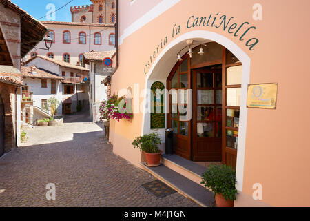 BAROLO, ITALY - AUGUST 6: Barolo streets in a sunny summer day, typical tavern restaurant in Piedmont on August 6, 2016 in Barolo, Italy. Stock Photo