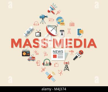 Digital mass media objects color simple flat icon set collection, isolated infographics Stock Vector
