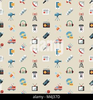 Digital mass media objects color simple flat icon set collection, isolated seamless pattern Stock Vector