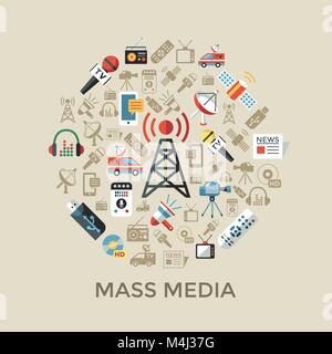 Digital mass media objects color simple flat icon set collection, isolated Stock Vector
