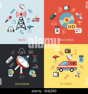 Digital mass media objects color simple flat icon set collection, isolated Stock Vector