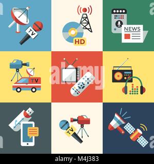Digital mass media objects color simple flat icon set collection, isolated Stock Vector