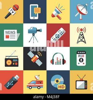 Digital mass media objects color simple flat icon set collection, isolated Stock Vector
