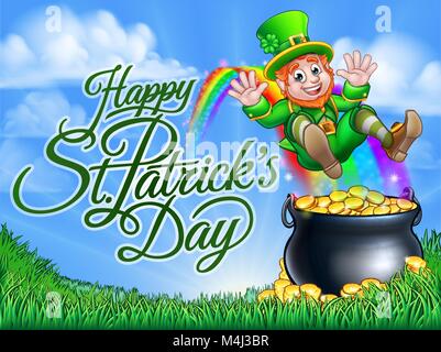 St Patricks Day Leprechaun Pot of Gold End Rainbow Stock Vector