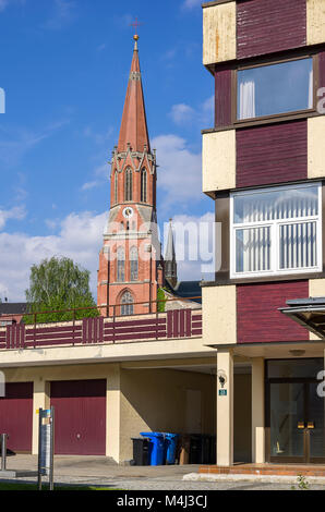 Modern residential architecture and Catholic parish church St. Nikolaus in Zwiesel, Bavarian Forest, Bavaria, Germany. Stock Photo