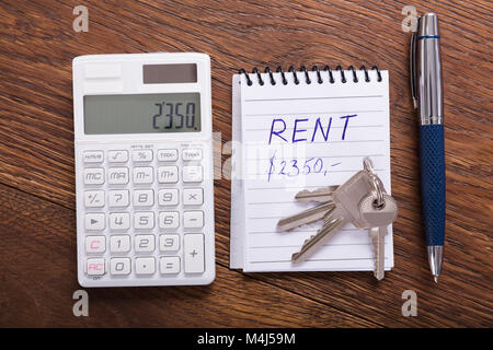 High Angle View Of A Calculated Rent Concept On Wooden Desk Stock Photo