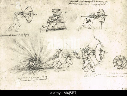 Studies of shields for protecting foot soldiers, and an exploding bomb, drawn by Leonardo Da Vinci, circa 1485-88 Stock Photo