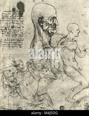 Profile of a man squared for proportion, and studies of horsemen, drawn by Leonardo Da Vinci, circa 1490 Stock Photo