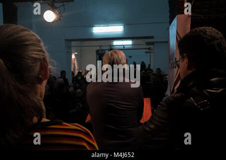 Naples, Italy. 15th Feb, 2018. France leader of Left wing Party, Jean Luc Mèlenchon is seen talking on stage during a meeting in Naples with italian leaders of new born left wing party, Potere al Popolo. The meeting took place at Ex Opg, a former psychiatric judicial hospital retrained in the last years by young activists. Now head office of new born left wing party 'Potere al Popolo'. Credit: Claudio Menna/Pacific Press/Alamy Live News Stock Photo