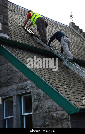 Two men looking to repair a leak on a roof Stock Photo