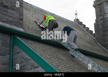 Two men looking to repair a leak on a roof Stock Photo