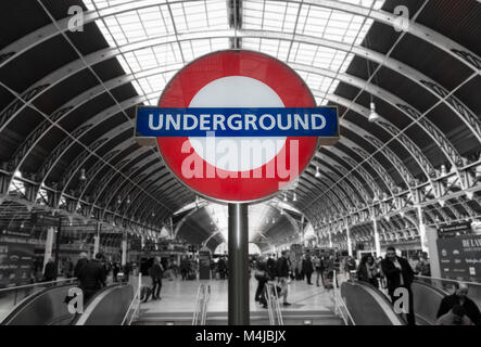 London Underground Sign at Paddington Station, London, United Kingdom Stock Photo