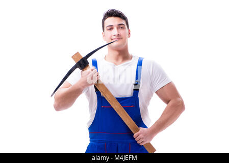 Man with a digging axe hoe on white background isolated Stock Photo