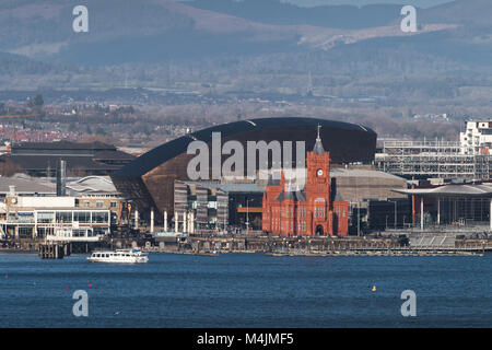 A view across Cardiff Bay towards the Pierhead Building and Wales Millennium Centre from the Penarth headland Stock Photo