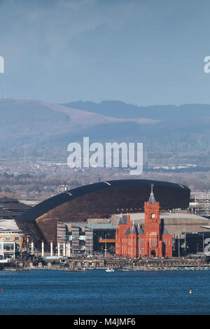 A view across Cardiff Bay towards the Pierhead Building and Wales Millennium Centre from the Penarth headland Stock Photo