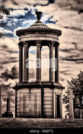 Black and white image of graves, Glasgow Necropolis, city of the dead,  a Victorian cemetery in Glasgow, Scotland. Stock Photo