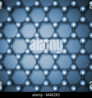 Graphene layer structure, top view. Blue toned hexagonal lattice of carbon atoms. 3d illustration Stock Photo