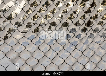 Texture of snow on the fencing net. Plastic mesh covered with snow in winter. Stock Photo