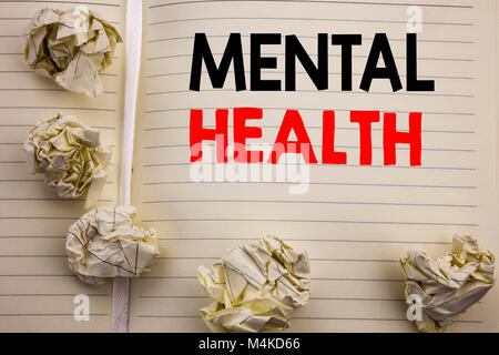 Handwritten text showing Mental Health. Business concept writing for Anxiety Illness Disorder Written on notepad paper, white background with space an Stock Photo
