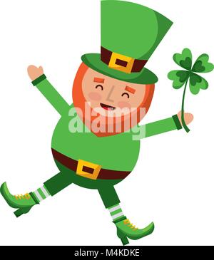 happy leprechaun jumping holding clover in hand Stock Vector