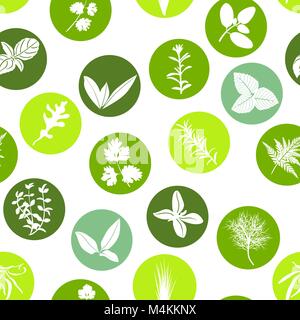 Big icon seamless pattern set of popular culinary herbs white silhouettes in color circles. Color background. Basil, coriander, mint, rosemary, sage,  Stock Vector
