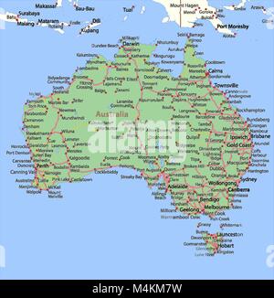 Map of Australia. Shows country borders,  place names and roads. Labels in English where possible. Projection: Spherical Mercator. Stock Vector