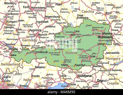 Map of Austria. Shows country borders, urban areas, place names and roads. Labels in English where possible. Projection: Mercator. Stock Vector