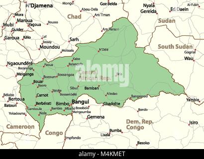 Map of Central African Rep. Shows country borders, urban areas, place names and roads. Labels in English where possible. Projection: Mercator. Stock Vector