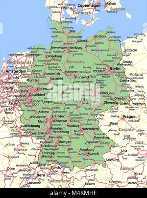 Map of Germany. Shows country borders, urban areas, place names and roads. Labels in English where possible. Projection: Mercator. Stock Vector