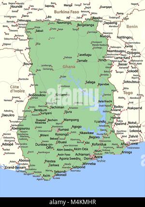 Map of Ghana. Shows country borders, urban areas, place names and roads. Labels in English where possible. Projection: Mercator. Stock Vector