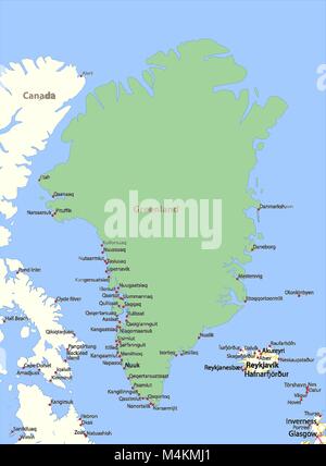 Map of Greenland. Shows country borders, urban areas, place names and roads. Labels in English where possible. Projection: Mercator. Stock Vector