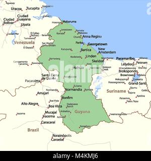 Map of Guyana. Shows country borders, urban areas, place names and roads. Labels in English where possible. Projection: Mercator. Stock Vector