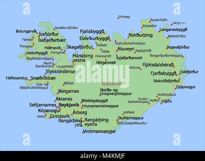 Map of Iceland. Shows country borders, urban areas, place names and roads. Labels in English where possible. Projection: Mercator. Stock Vector